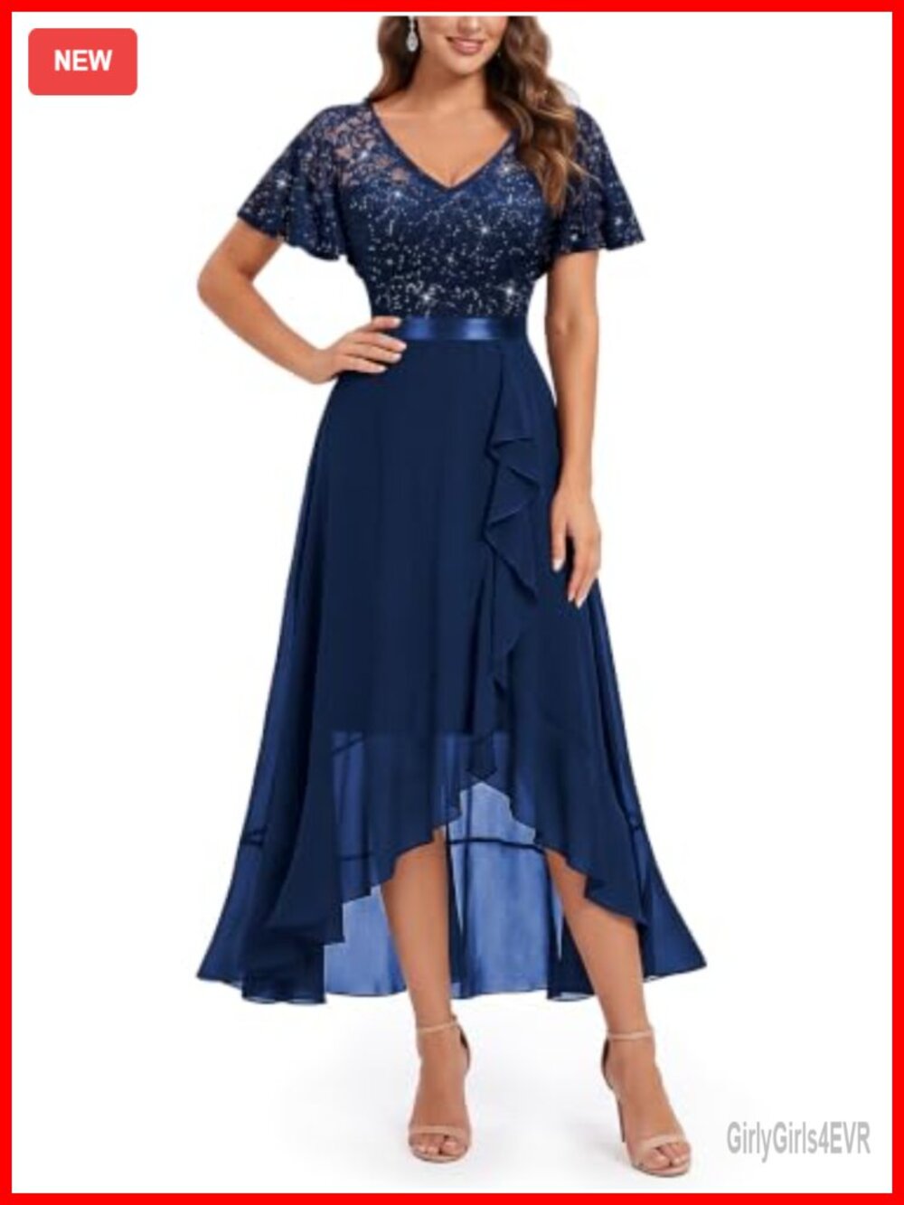 V-Neck Ruffle Butterfly Sleeve Sequined Lace A-Line Midi Wedding Guest Dress